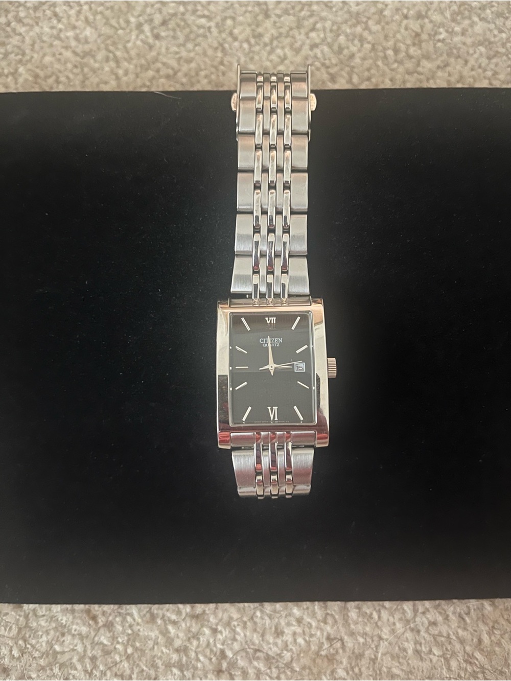 Citizen Silver-Tone Rectangular Watch with Black Dial